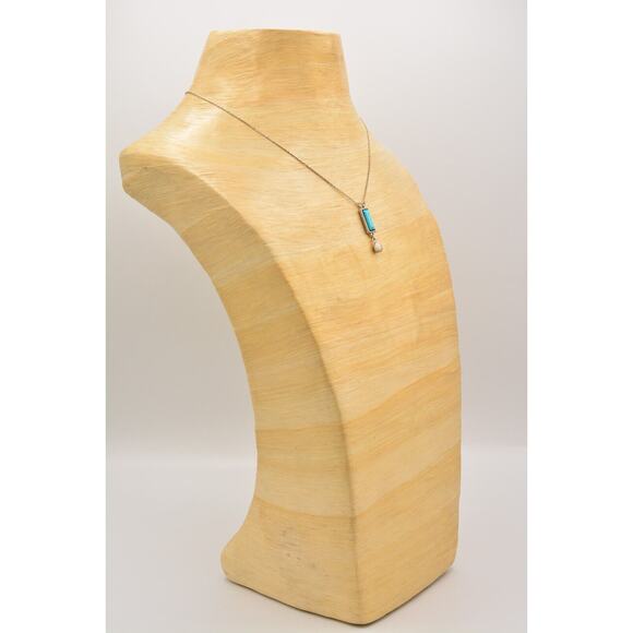 Cabochon Pendant Necklace Silver Tone Chain Faux Turquoise Inlay Dangle Bin7A - Picture 9 of 12